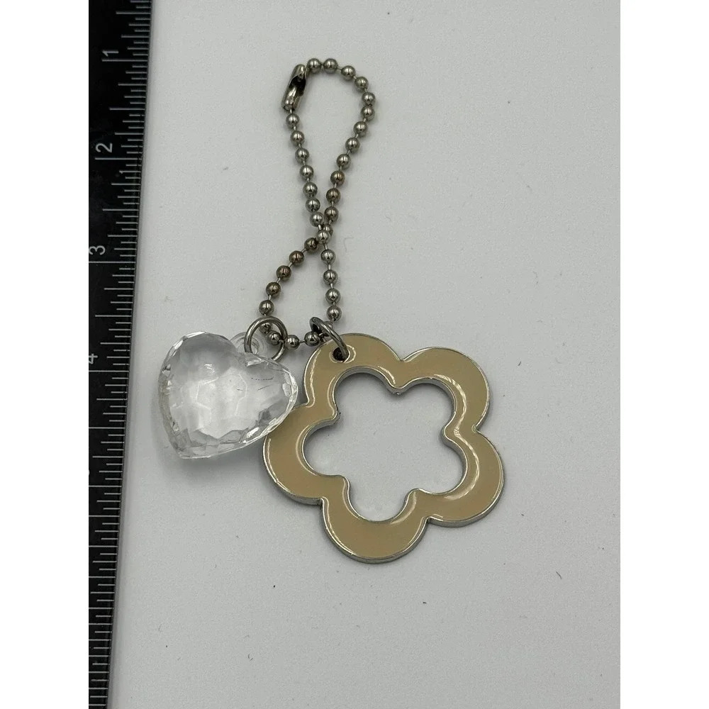 Tan Enamel Flower and Faceted Clear Heart Charm Keychain Silver Tone Ball‎ Chain